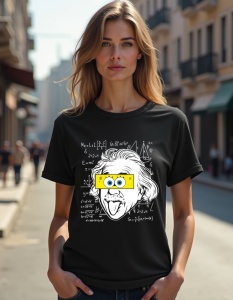 Femeie purtând un tricou negru cu un design care ilustrează un portret stilizat și amuzant al unui om de știință, cu o expresie jucăușă și o bandă galbenă peste ochi, înconjurat de formule matematice