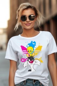 Femeie purtând un tricou alb cu un design colorat ce îl înfățișează pe Tweety stând pe capul lui Sylvester, cu elemente artistice de culoare albastră, roz și galben, și logo-ul adidas stilizat.