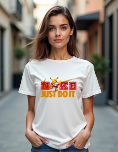 Femeie purtând un tricou alb cu un design Nike personalizat, având un personaj animat și sloganul 'Just Do It' în roșu și portocaliu