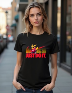Tricou negru purtat de o femeie, decorat cu un design pe piept, ce include logo-ul 'Nike' în culori aurii și roșii, împreună cu sloganul 'Just Do It' într-un roșu intens. Logo-ul este acompaniat de un personaj stilizat și un swoosh roșu distinctiv.