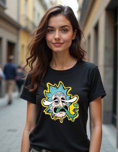 Femeie purtând un tricou negru cu un design de personaj animat cu păr albastru, expresie distorsionată și detalii de design stilizate și colorate