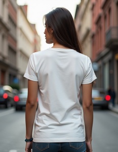 Femeie văzută din spate purtând un tricou alb, pe o stradă urbană