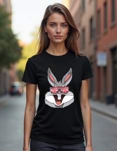 Femeie purtând un tricou negru cu un design de personaj animat cu urechi lungi și ochelari de soare, zâmbind