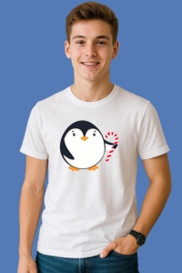 Tricou Pinguin Craciun Merry Christmas Text, din bumbac 100%, tricou alb, Copii | Dama | Barbat