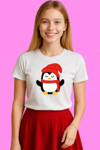 Tricou Pinguin Cu Fes Rosu, din bumbac 100%, tricou alb, Copii | Dama | Barbat - Img 2