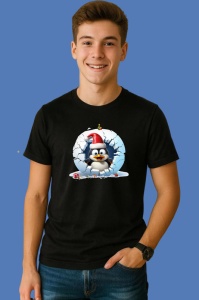 Tricou Pinguin Cu Fundal Alb Si Cadou Craciun, din bumbac 100% Copii | Dama | Barbat