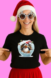 Tricou Pinguin Cu Fundal Gri Si Caciula In Dungi Craciun, din bumbac 100% Copii | Dama | Barbat - Img 3