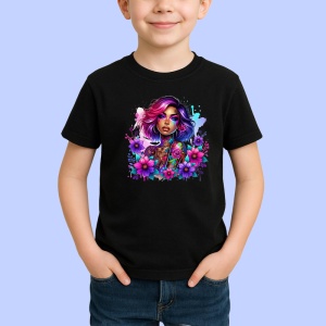 Tricou Pink hair tattoo girl floral power, fata cu par roz si putere florala, Copii | Dama | Barbat , tricou negru - Img 2