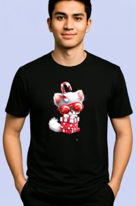 Tricou Pisica alba cu cadou si ochelari de Craciun Copii | Dama | Barbat, culoare negru - Img 2
