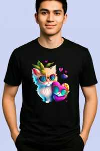 Tricou Pisica alba cu flori galbene si fundal curat Copii | Dama | Barbat, culoare negru - Img 2