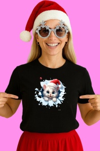 Tricou Pisica Alba Cu Fundal Inghetat Craciun, din bumbac 100% Copii | Dama | Barbat - Img 2