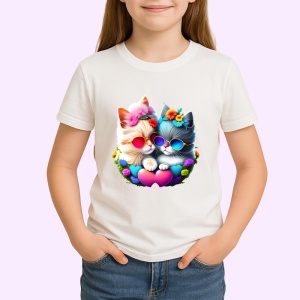 Tricou Pisica alba cu ochelari si flori mov pe luna Copii | Dama | Barbat