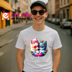Tricou Pisica alba cu ochelari si flori mov pe luna Copii | Dama | Barbat - Img 5