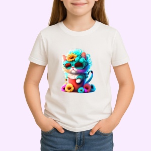 Tricou Pisica albastra cu inima si flori galbene Copii | Dama | Barbat - Img 3