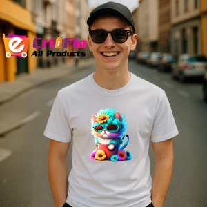 Tricou Pisica albastra cu inima si flori galbene Copii | Dama | Barbat - Img 5