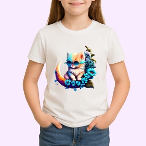 Tricou Pisica albastra pe luna cu flori fundal alb Copii | Dama | Barbat - Img 3