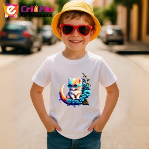 Tricou Pisica albastra pe luna cu flori fundal alb Copii | Dama | Barbat - Img 10