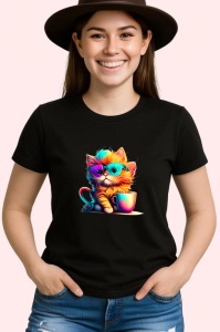 Tricou Pisica colorata cu ochelari si cana portocalie Copii | Dama | Barbat, culoare negru - Img 3