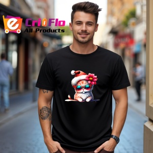 Tricou Pisica Craciun cu floare rosie si caciula fundal negru Copii | Dama | Barbat, culoare negru - Img 6