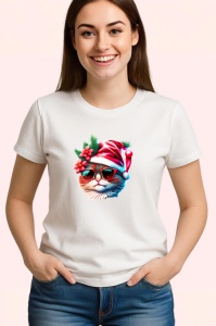Tricou Pisica Craciun cu floare rosie si ochelari fundal alb Copii | Dama | Barbat - Img 2