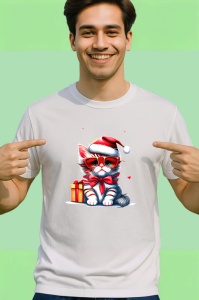 Tricou Pisica Craciun cu ochelari si cadou fundal albastru Copii | Dama | Barbat