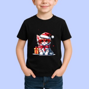 Tricou Pisica Craciun cu ochelari si cadou fundal albastru Copii | Dama | Barbat, culoare negru - Img 3