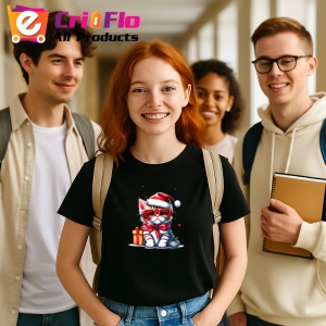 Tricou Pisica Craciun cu ochelari si cadou fundal albastru Copii | Dama | Barbat, culoare negru - Img 8