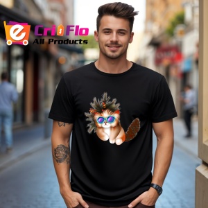 Tricou Pisica Craciun cu ochelari si coada pufoasa Copii | Dama | Barbat, culoare negru - Img 6