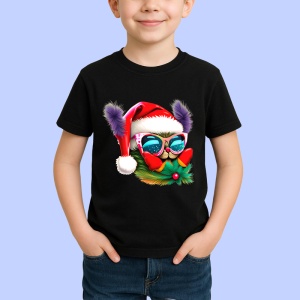 Tricou Pisica Craciun cu ochelari si fundal alb pur Copii | Dama | Barbat, culoare negru - Img 4