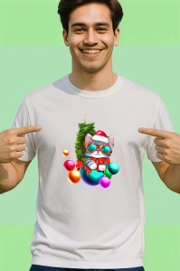 Tricou Pisica Craciun in caciula cu globuri roz si albastre Copii | Dama | Barbat - Img 2