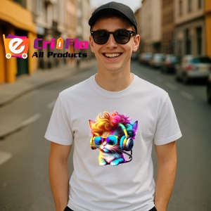 Tricou Pisica cu bucle aurii si casti pop art Copii | Dama | Barbat - Img 5