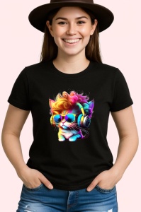 Tricou Pisica cu bucle aurii si casti pop art Copii | Dama | Barbat, culoare negru - Img 3