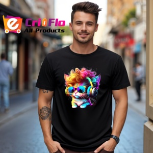 Tricou Pisica cu bucle aurii si casti pop art Copii | Dama | Barbat, culoare negru - Img 6