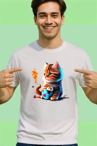 Tricou Pisica cu coada in flacari si minge albastra Copii | Dama | Barbat - Img 2