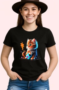Tricou Pisica cu coada in flacari si minge albastra Copii | Dama | Barbat, culoare negru