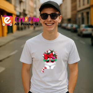 Tricou Pisica cu fundal brad si fundita mare rosie Copii | Dama | Barbat - Img 5