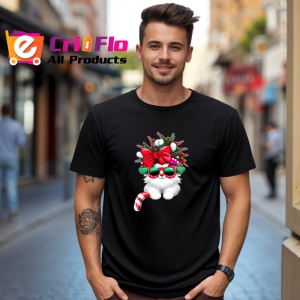 Tricou Pisica cu fundal brad si fundita mare rosie Copii | Dama | Barbat, culoare negru - Img 6