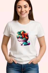 Tricou Pisica cu fundita rosie si blana curcubeu Copii | Dama | Barbat - Img 3