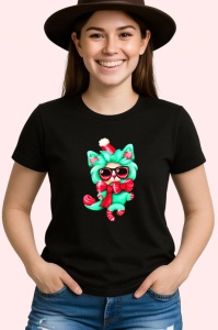 Tricou Pisica cu fundita verde si baston de zahar rosu Copii | Dama | Barbat, culoare negru - Img 3