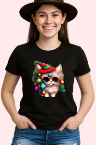 Tricou Pisica cu ochelari globuri si caciula Craciun Copii | Dama | Barbat, culoare negru - Img 3