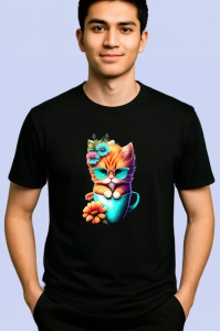 Tricou Pisica cu ochelari si flori intr o cana albastra Copii | Dama | Barbat, culoare negru - Img 2