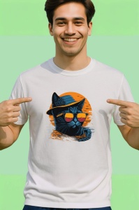 Tricou Pisica cu palarie si ochelari fundal portocaliu Copii | Dama | Barbat - Img 2