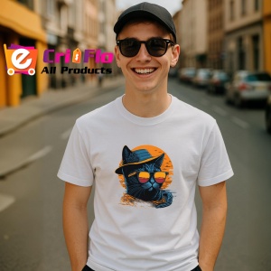 Tricou Pisica cu palarie si ochelari fundal portocaliu Copii | Dama | Barbat - Img 5