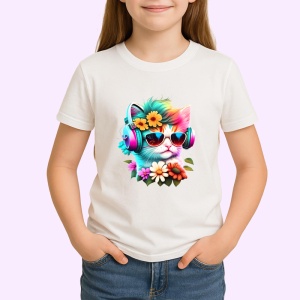 Tricou Pisica curcubeu cu casti si flori galbene fundal alb Copii | Dama | Barbat - Img 1