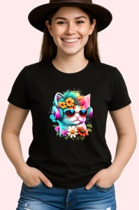 Tricou Pisica curcubeu cu casti si flori galbene fundal alb Copii | Dama | Barbat, culoare negru - Img 3