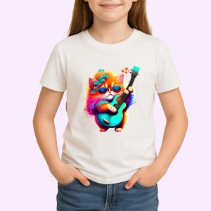 Tricou Pisica curcubeu cu chitara electrica si flori albastre Copii | Dama | Barbat - Img 3