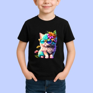Tricou Pisica curcubeu cu floare galbena si fundal alb Copii | Dama | Barbat, culoare negru - Img 3