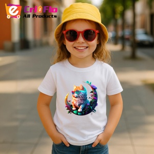 Tricou Pisica curcubeu cu flori albastre pe luna aurie Copii | Dama | Barbat - Img 11