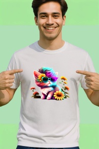 Tricou Pisica curcubeu cu flori si ochelari fundal negru Copii | Dama | Barbat - Img 2
