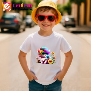 Tricou Pisica curcubeu cu flori si ochelari fundal negru Copii | Dama | Barbat - Img 10